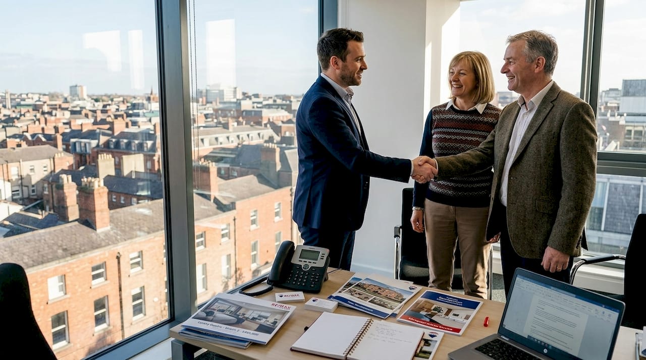 Estate agent greeting clients in bright office
