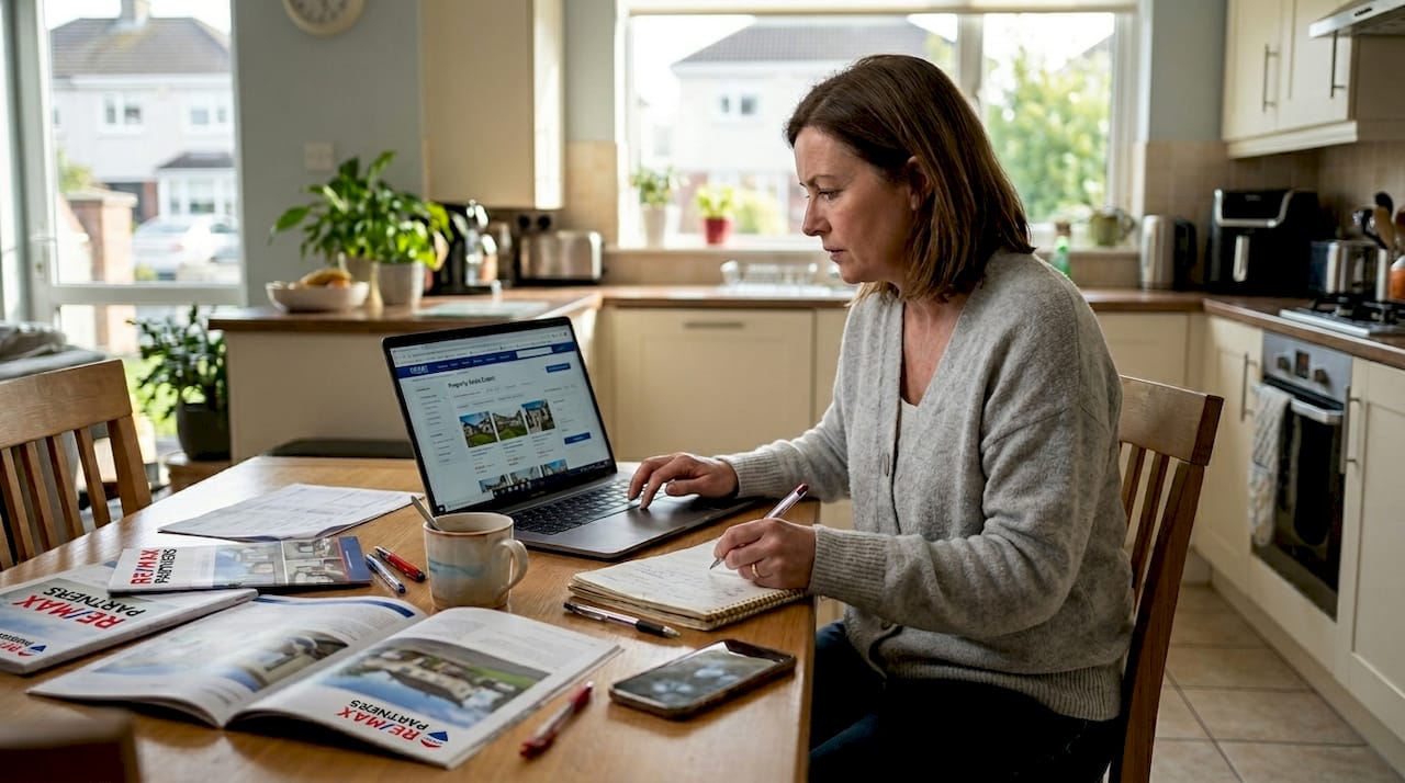 Homeowner reviewing property prices in kitchen