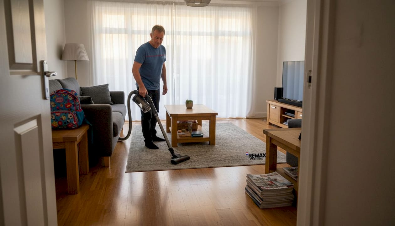 Man cleaning living room for home viewing