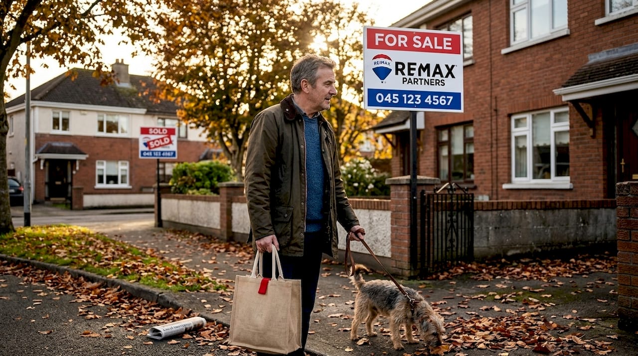 Man viewing for sale sign on suburban street