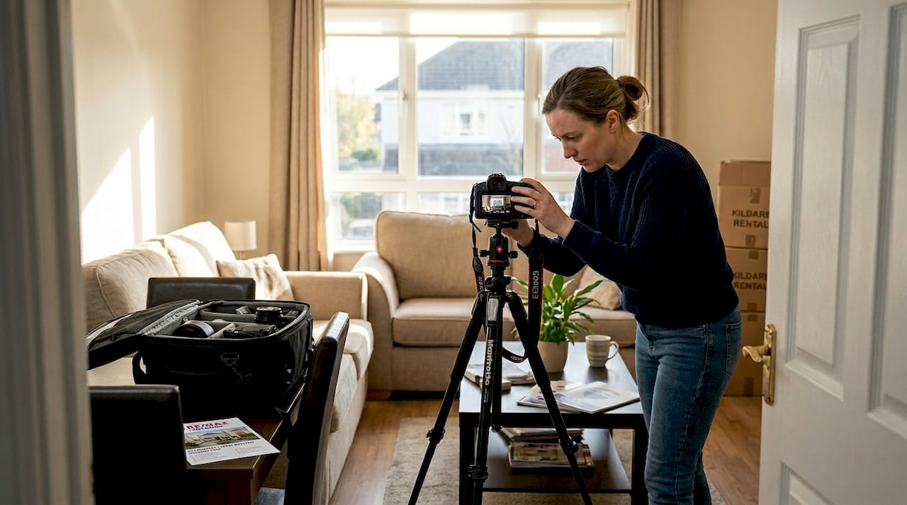 Photographer setting tripod in rental living room