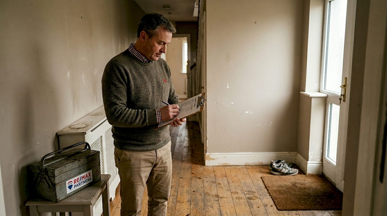 Landlord reviewing property checklist in hallway