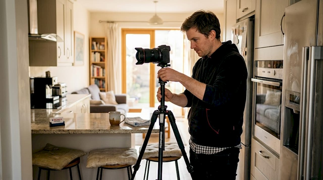 Photographer prepares kitchen for property photos