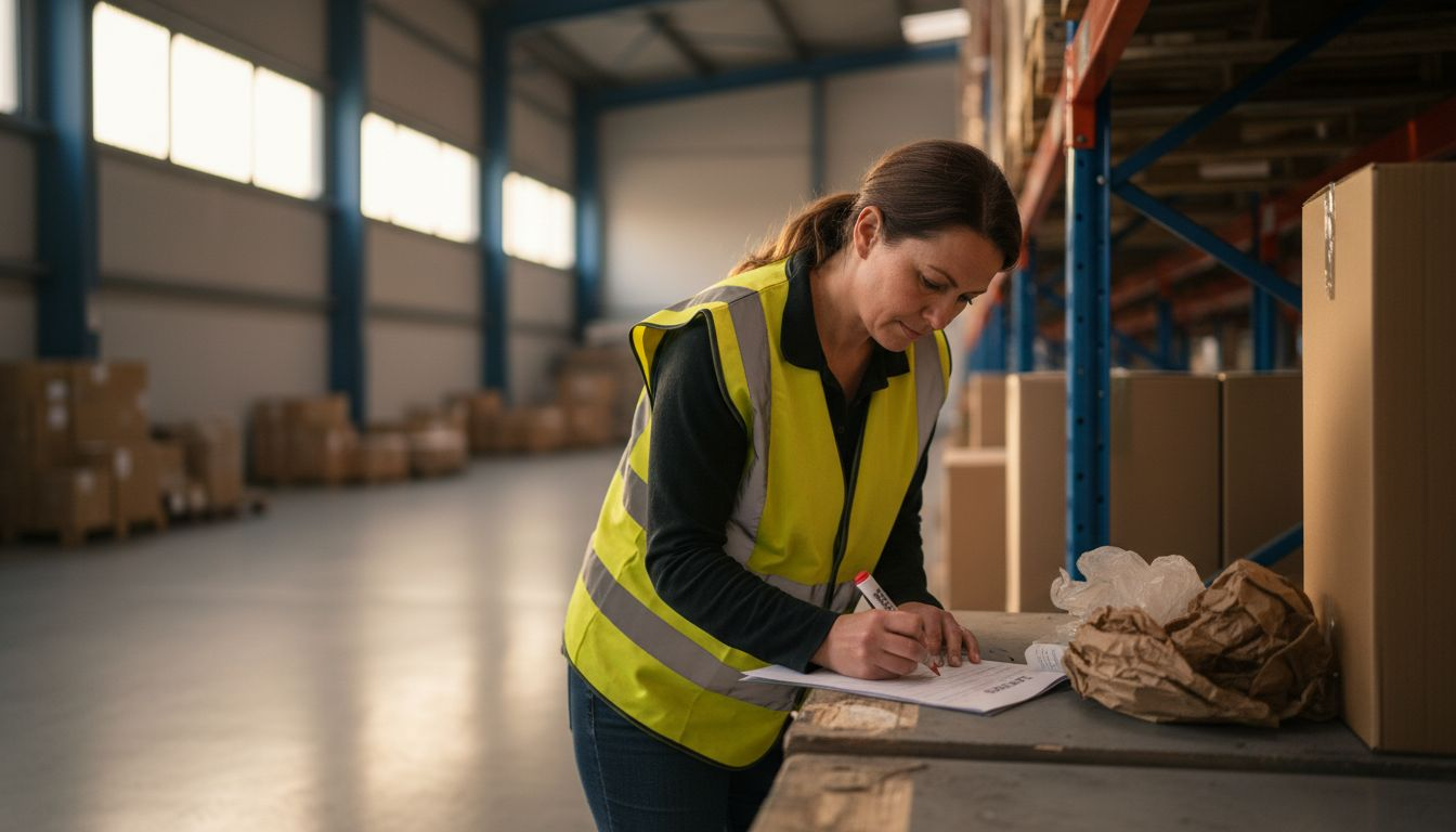 Een medewerkster controleert de kwaliteit van producten in het magazijn.