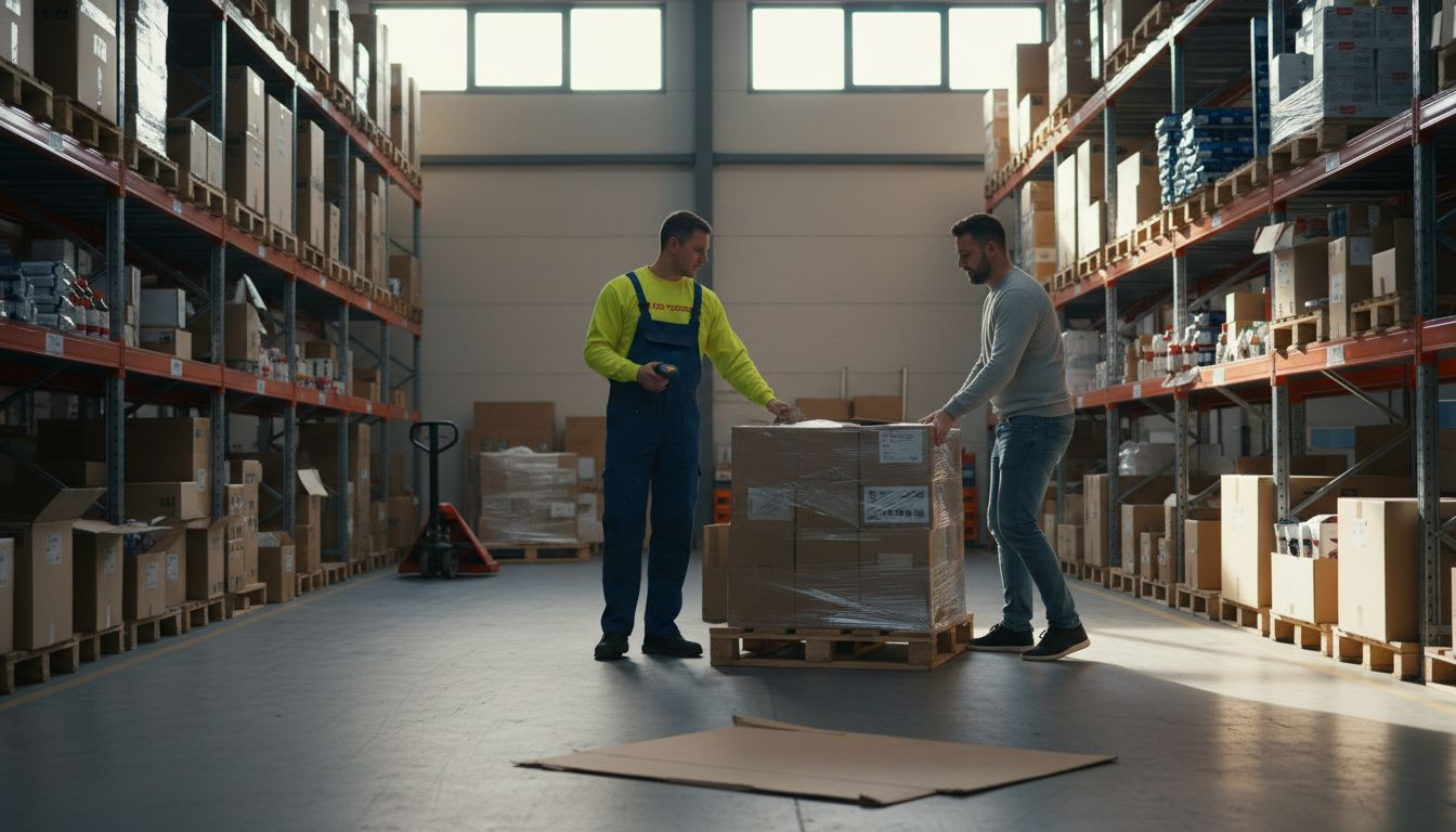 Logistiek medewerkers aan het werk met pallets in het magazijn