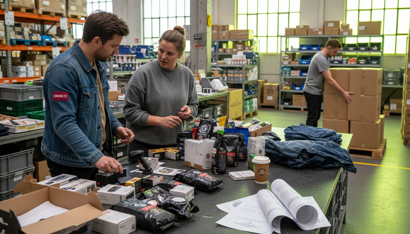 In het magazijn van de groothandel overleggen winkeliers over hun inkoopplannen.