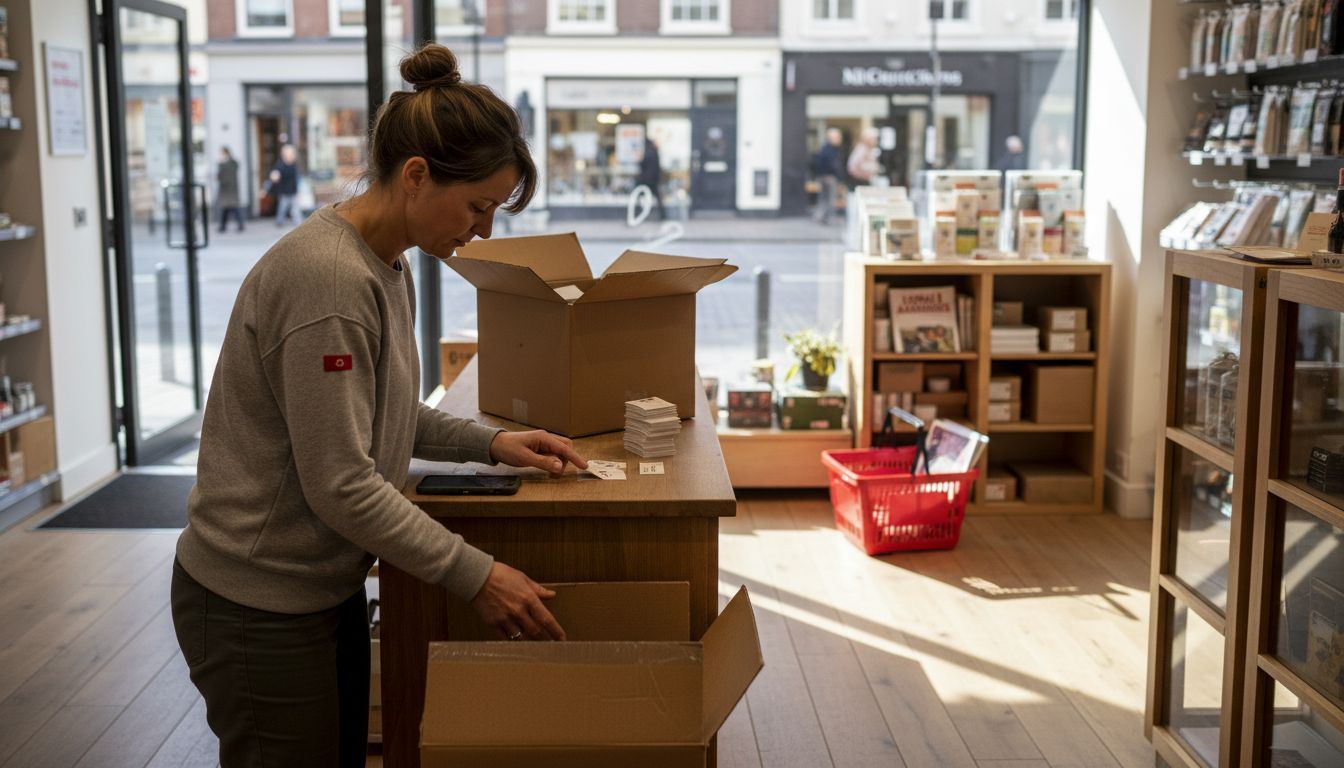 De winkelier is bezig met het uitpakken en verwerken van de nieuwe voorraad.