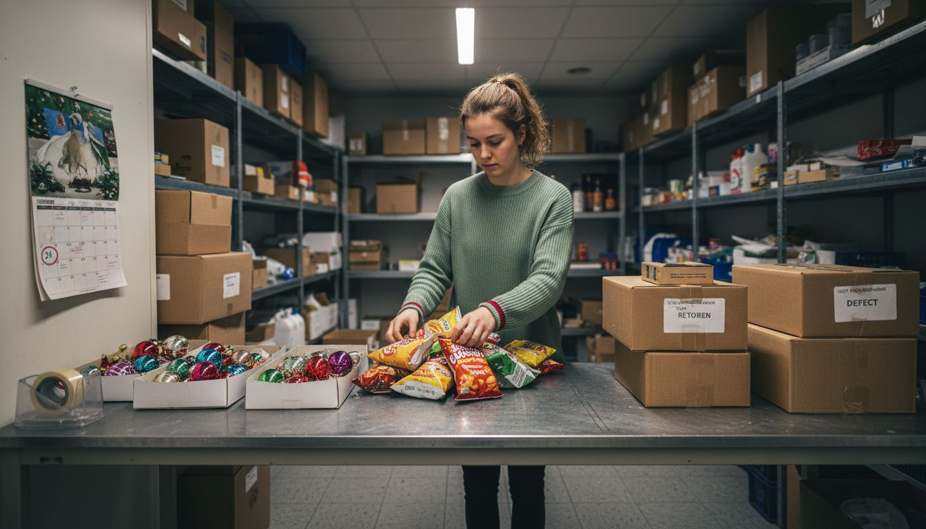 An employee is sorting different types of surplus stock on a table.