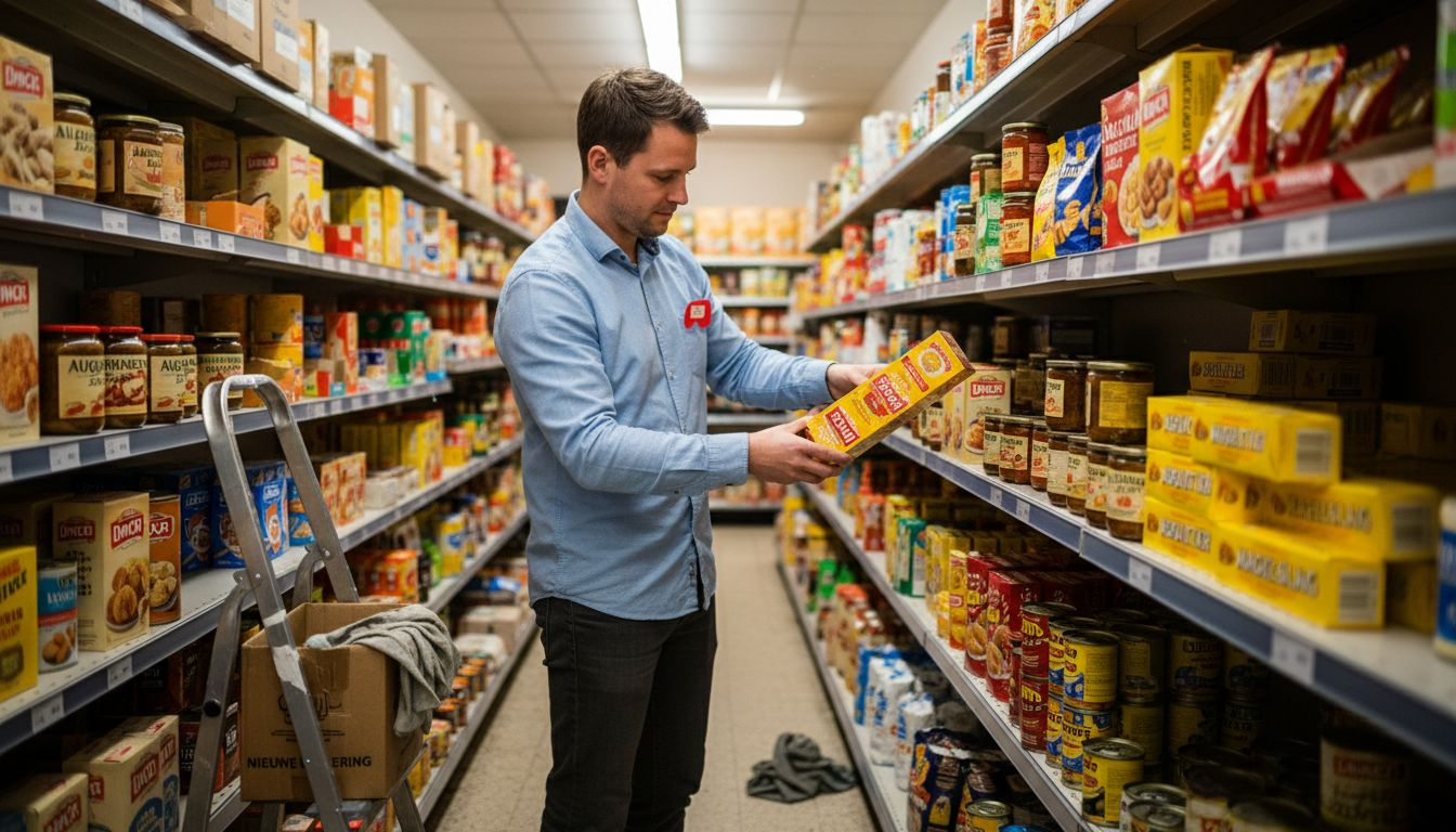 Een filiaalmanager die het schap met afgeprijsde en uiteenlopende producten opnieuw vult.