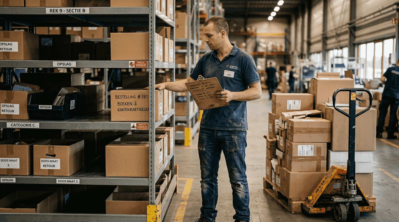Warehouse worker organising sorted stock