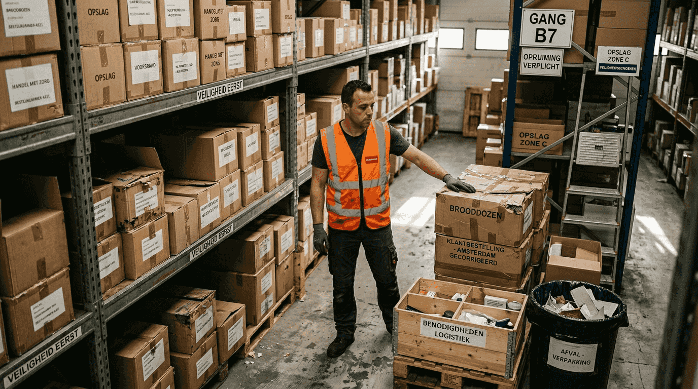 Een magazijnmedewerker sorteert dozen in een druk magazijn.