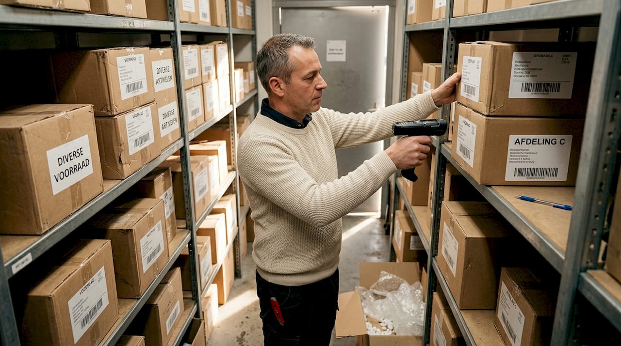 The branch manager checks the stock by scanning products in the warehouse.