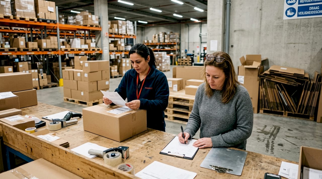 Female employees are critically examining the surplus stock within distribution.
