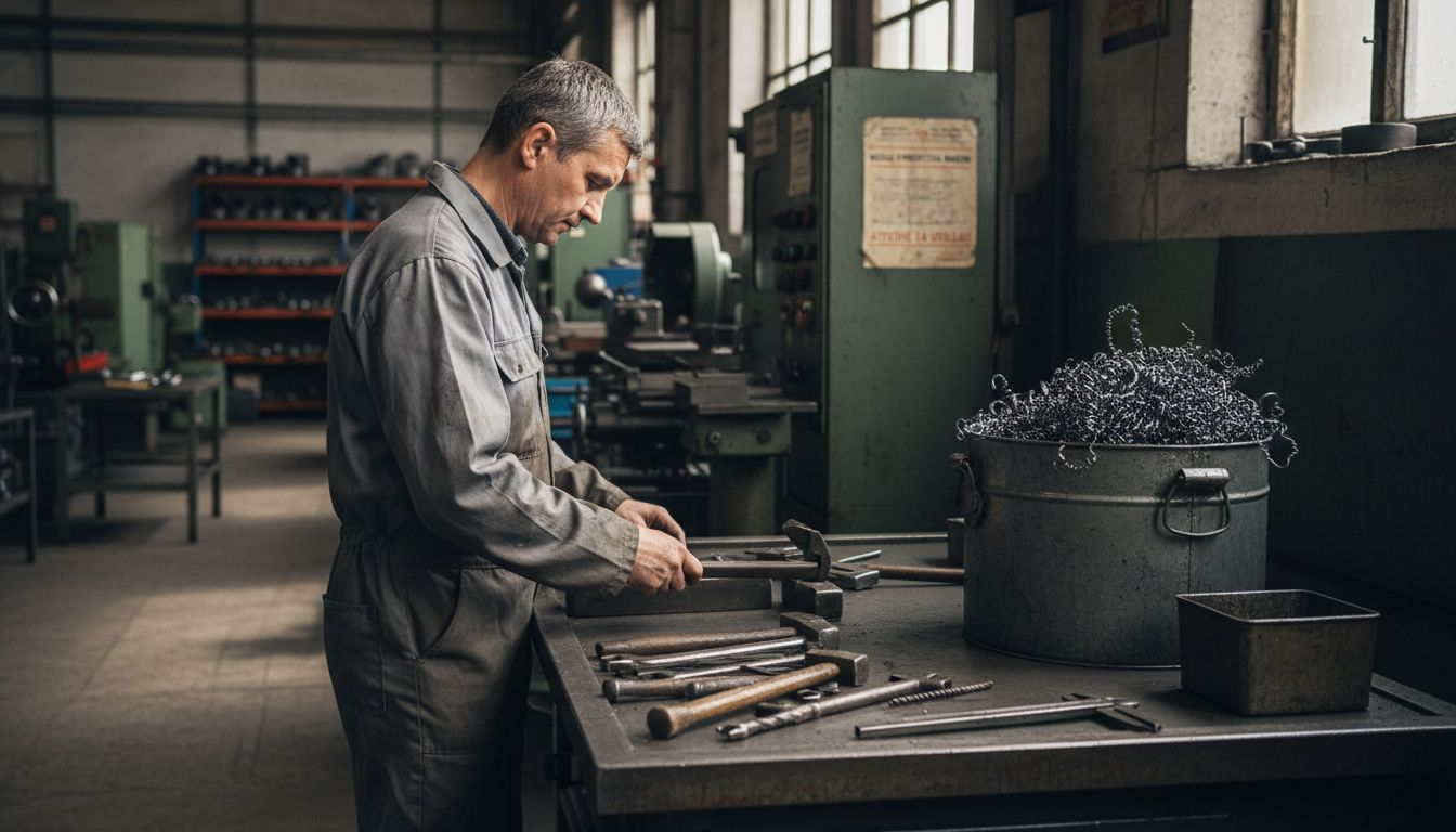 Un tehnician verifică atent sculele metalice care au fost folosite intens, căutând eventuale defecte sau semne de uzură.