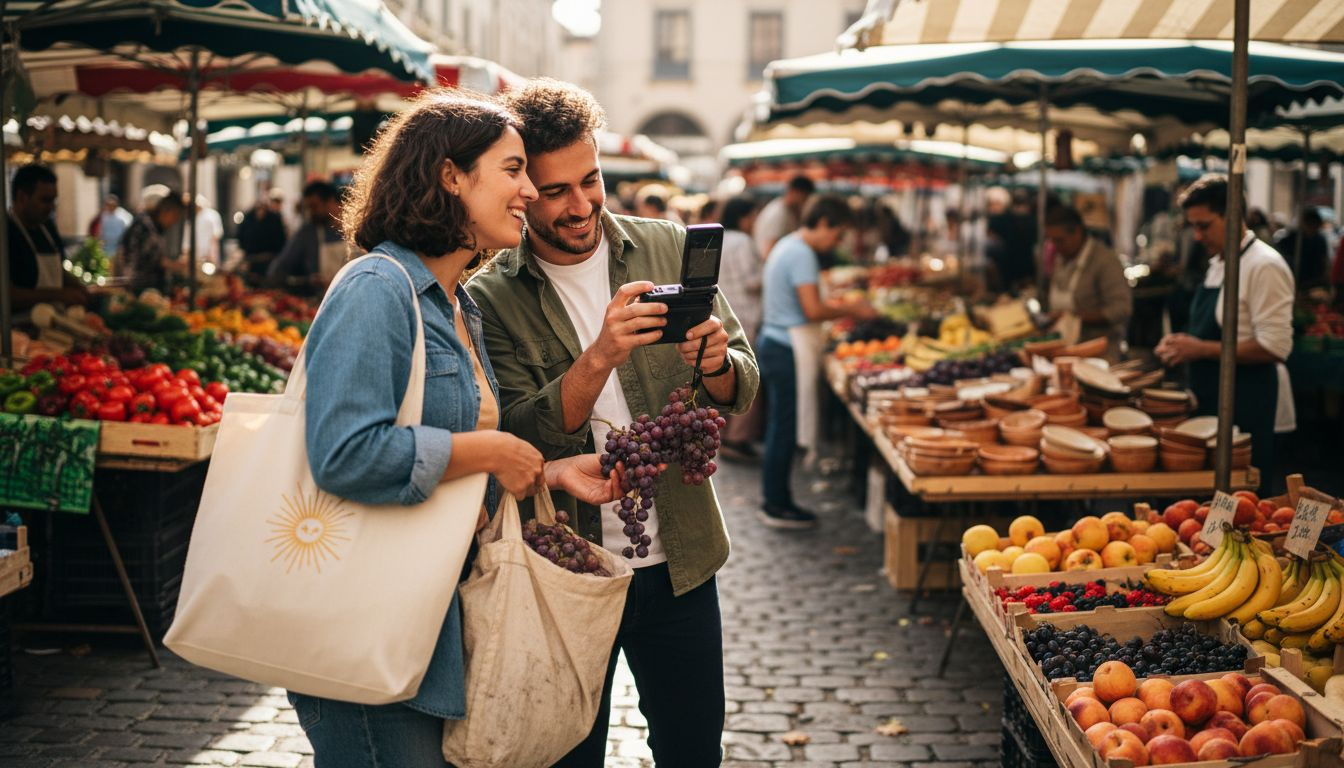 Travelers exploring authentic local market scene