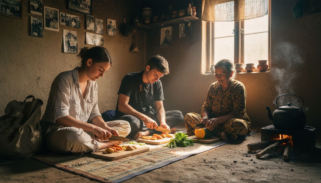 Travelers cooking with village grandmother