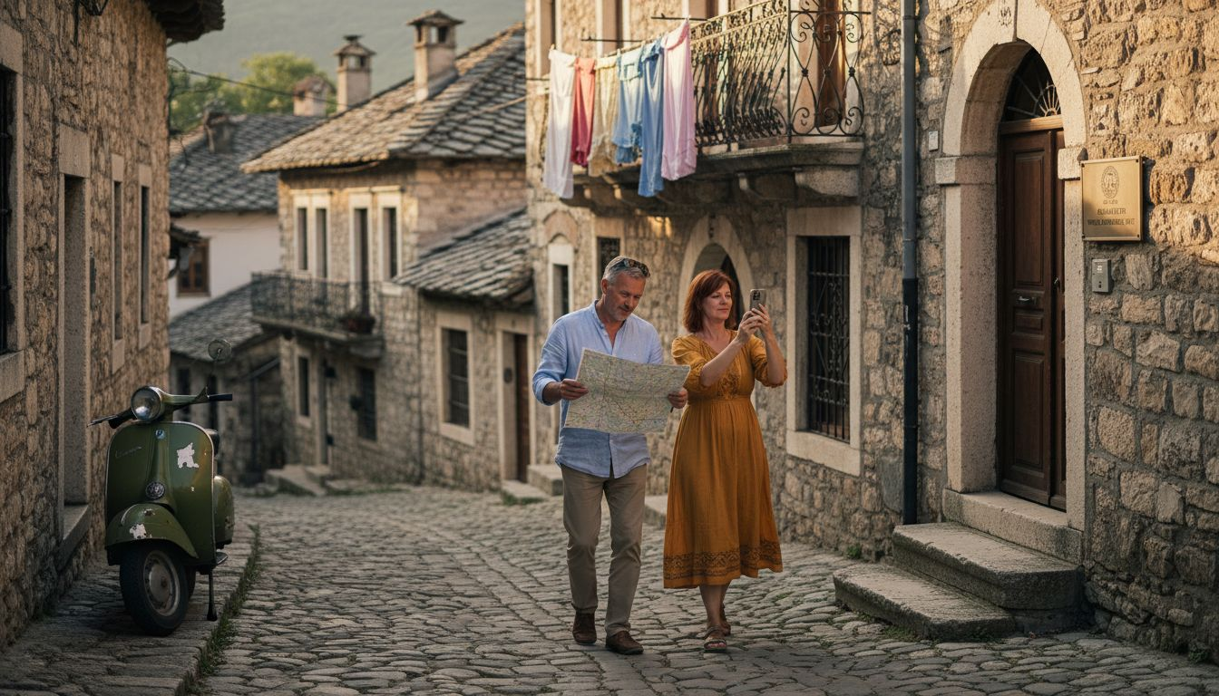 Couple walking in old Albanian stone town