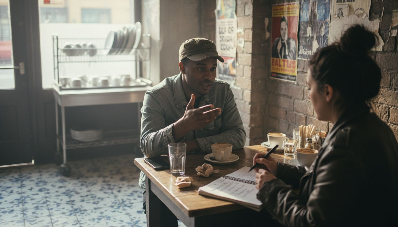 Hip hop artist interviewed by journalist in café
