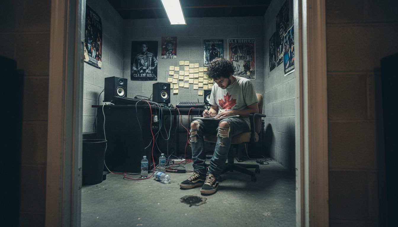 Canadian rapper writing lyrics in studio