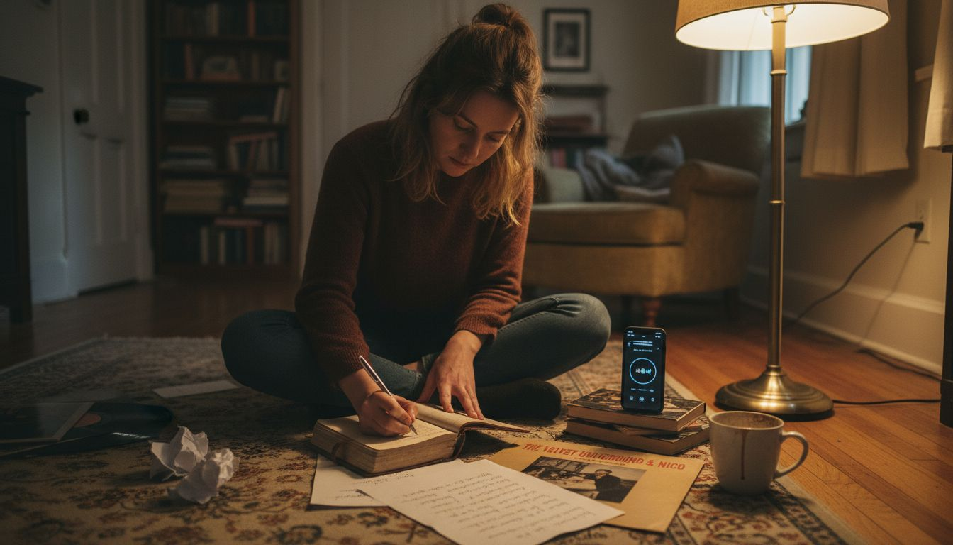 Rapper brainstorming lyrics in casual living room