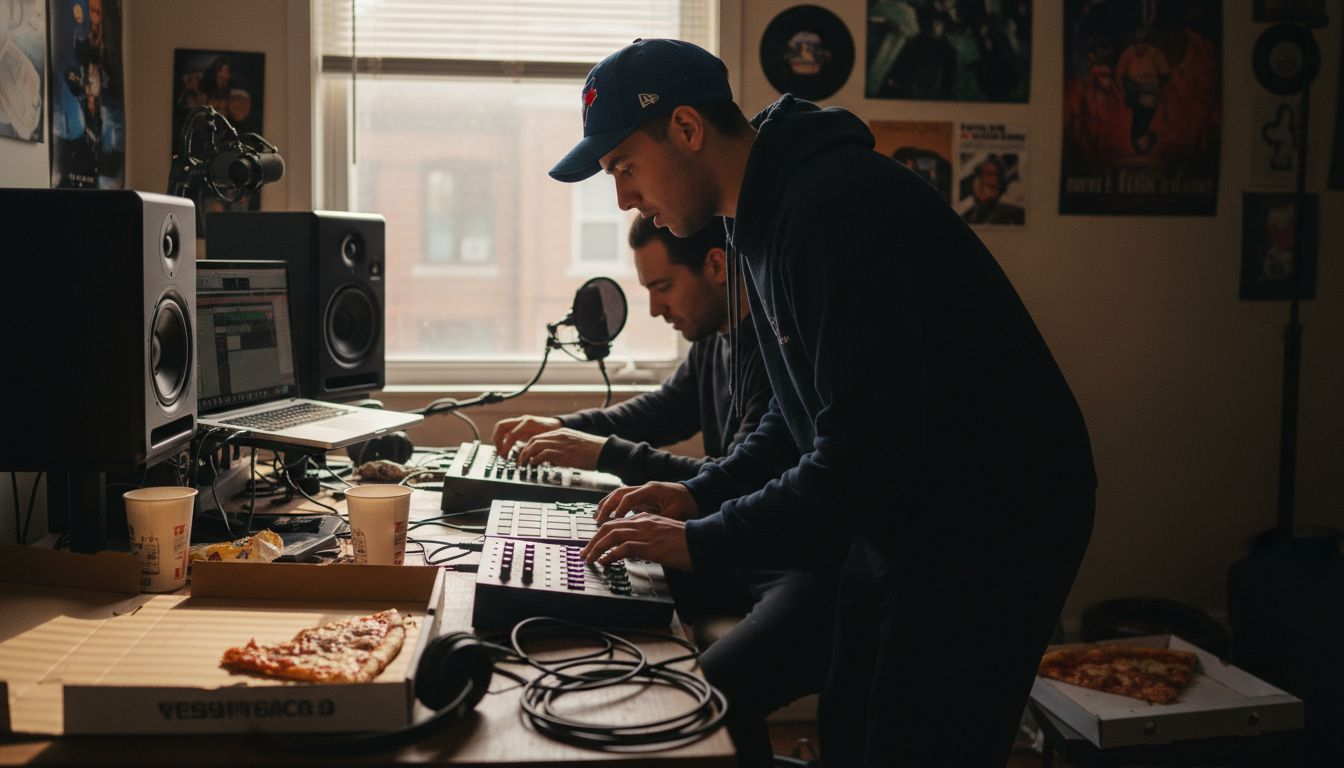 Hip hop artist and producer creating music at home