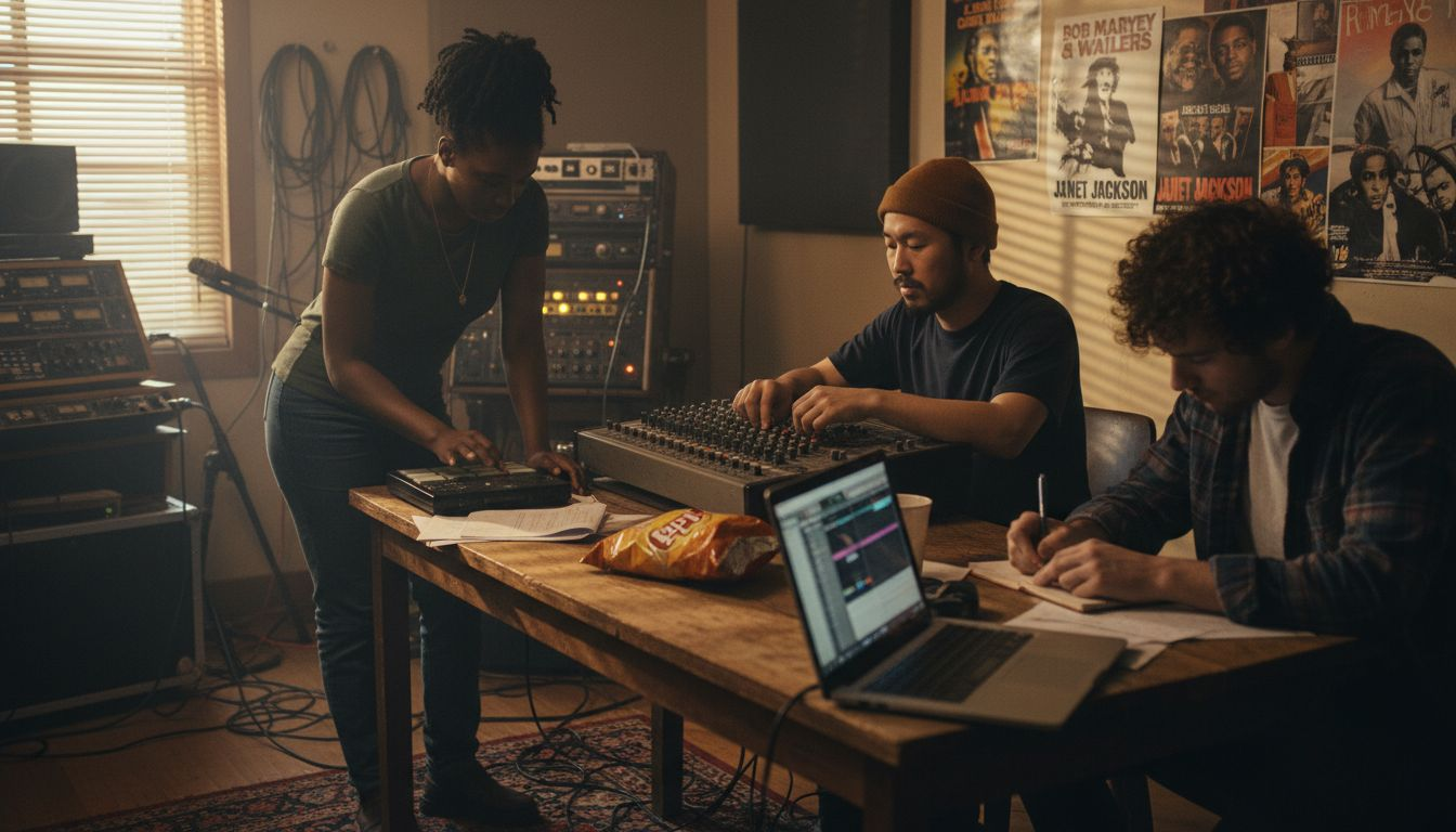 Diverse musicians producing hip-hop in studio