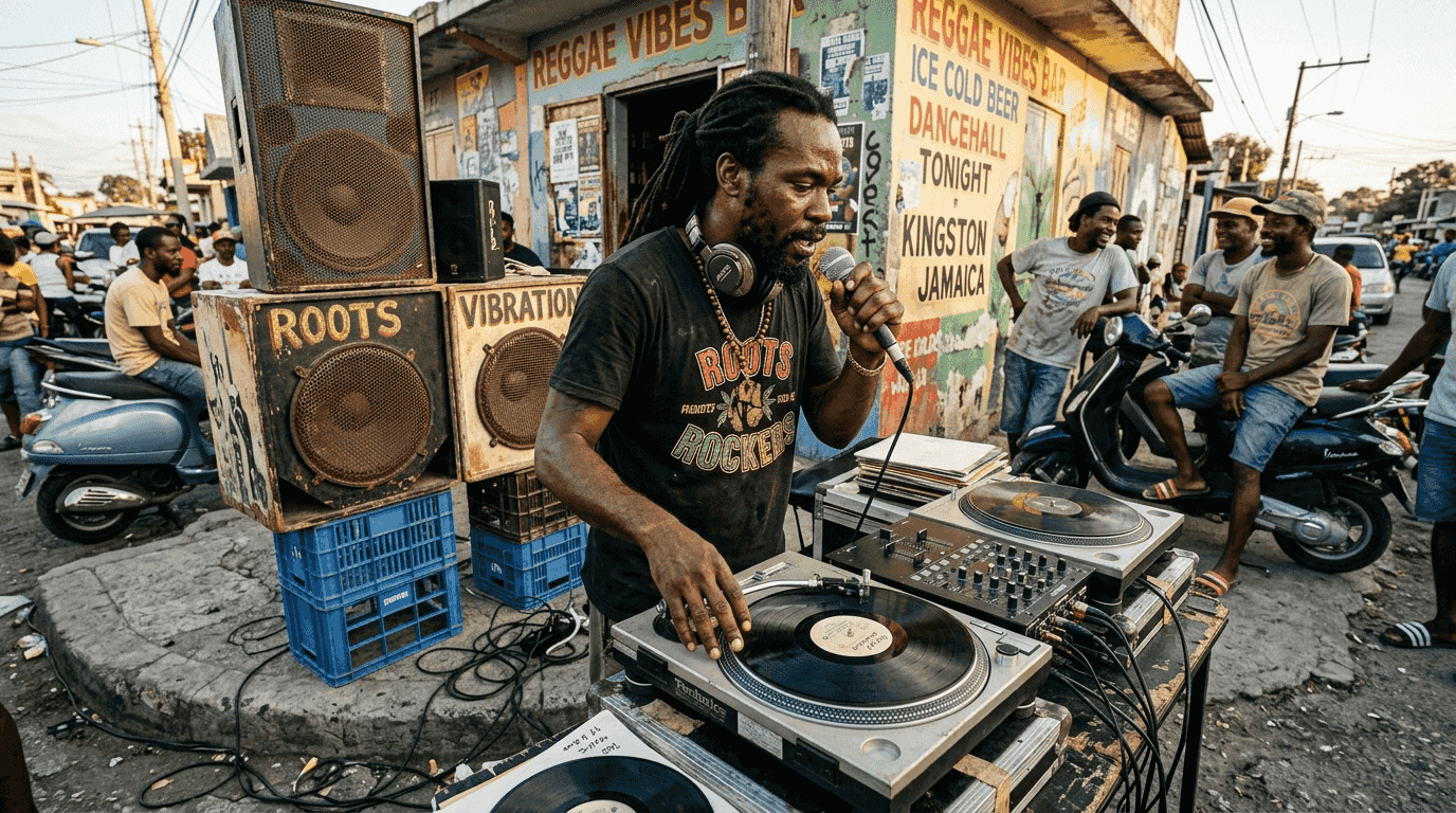 Jamaican DJ hosting street corner party