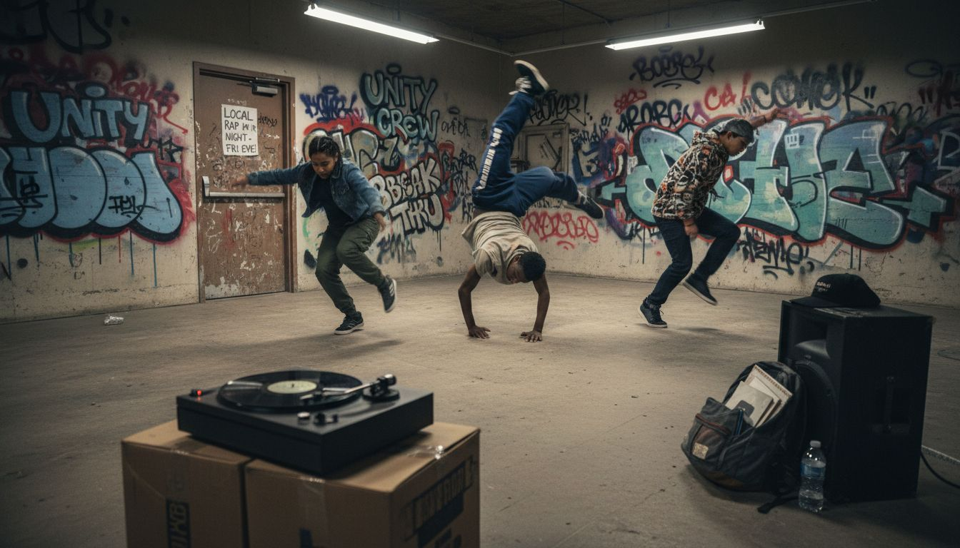 Teens breakdancing among hip-hop elements