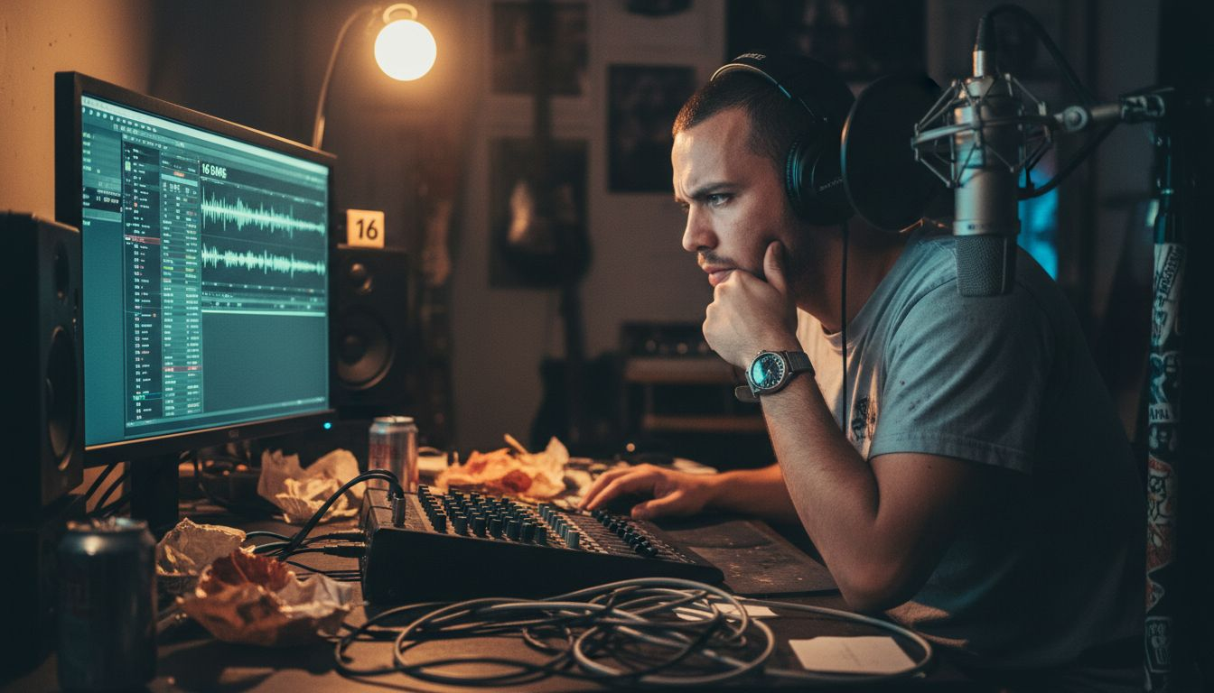 Hip-hop artist recording in cluttered studio