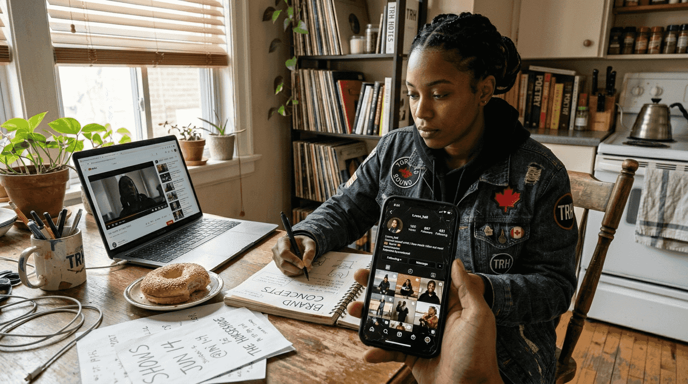 Hip-hop artist planning personal brand at home