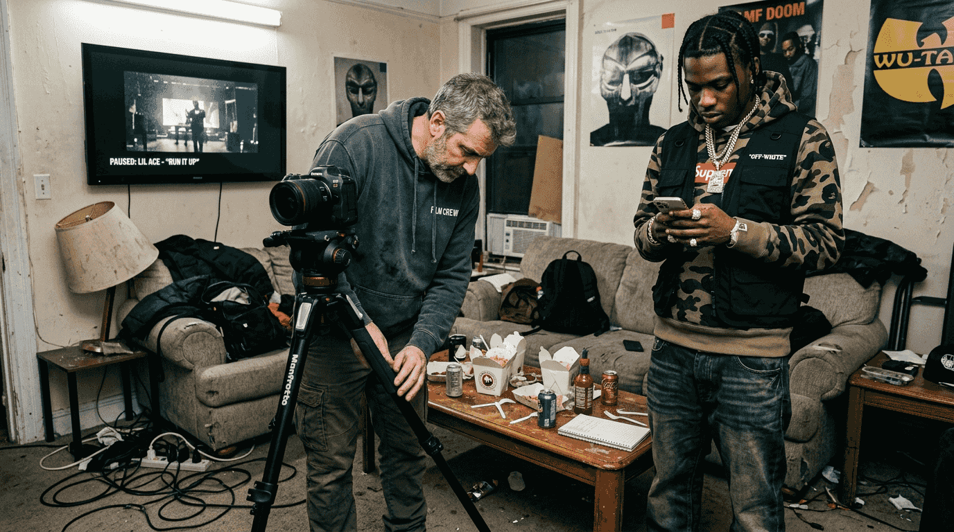 Director and rapper preparing music video shoot