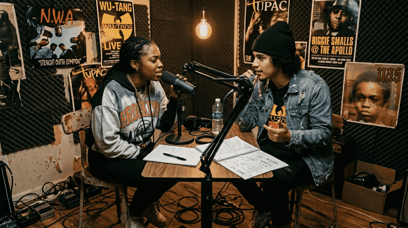 Two rappers performing in a cluttered studio