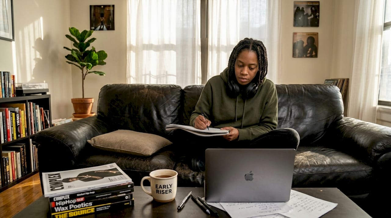 Female rapper writing lyrics at home