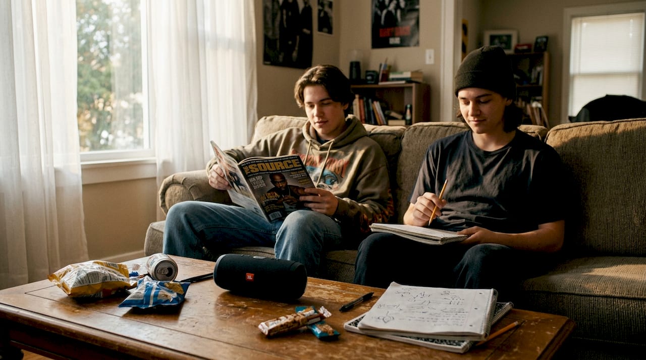 Teens listening to positive rap in living room