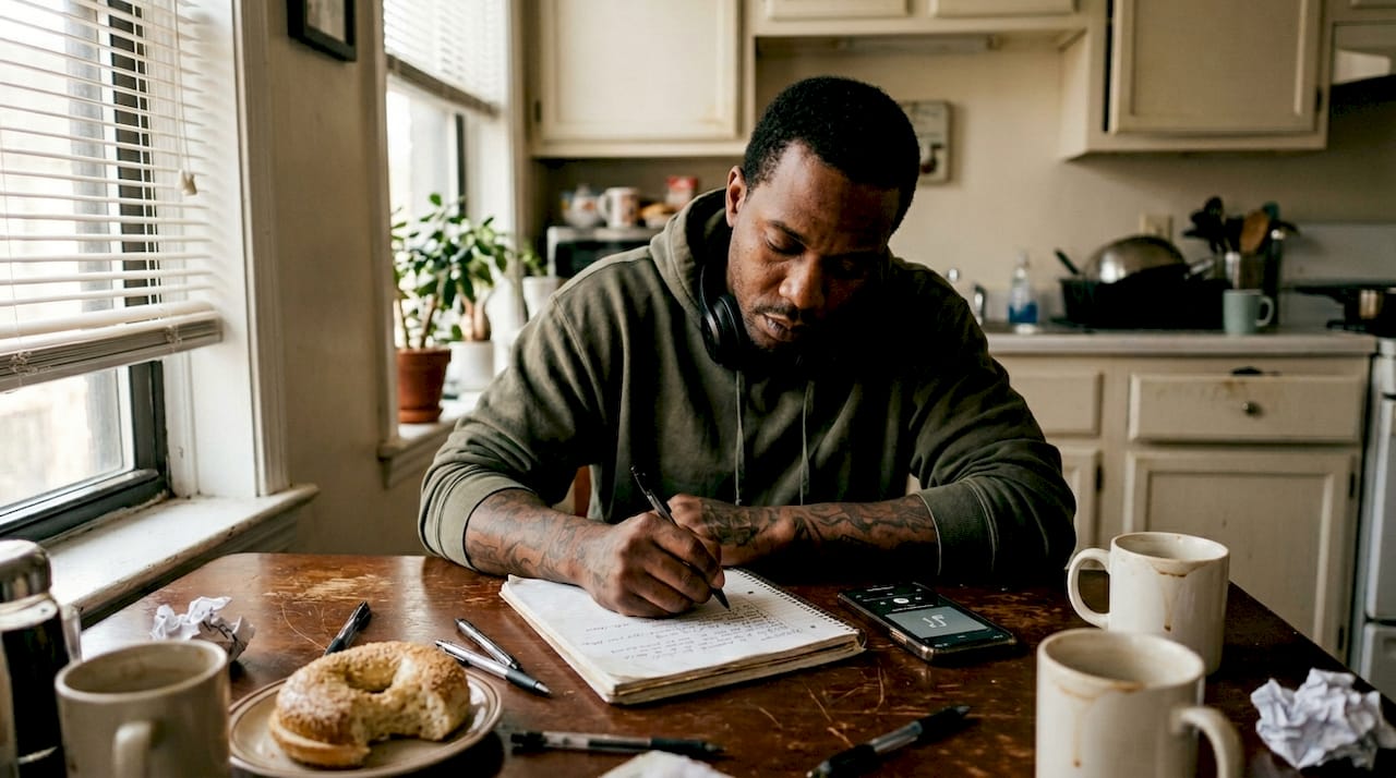 Hip-hop artist writing lyrics at kitchen table