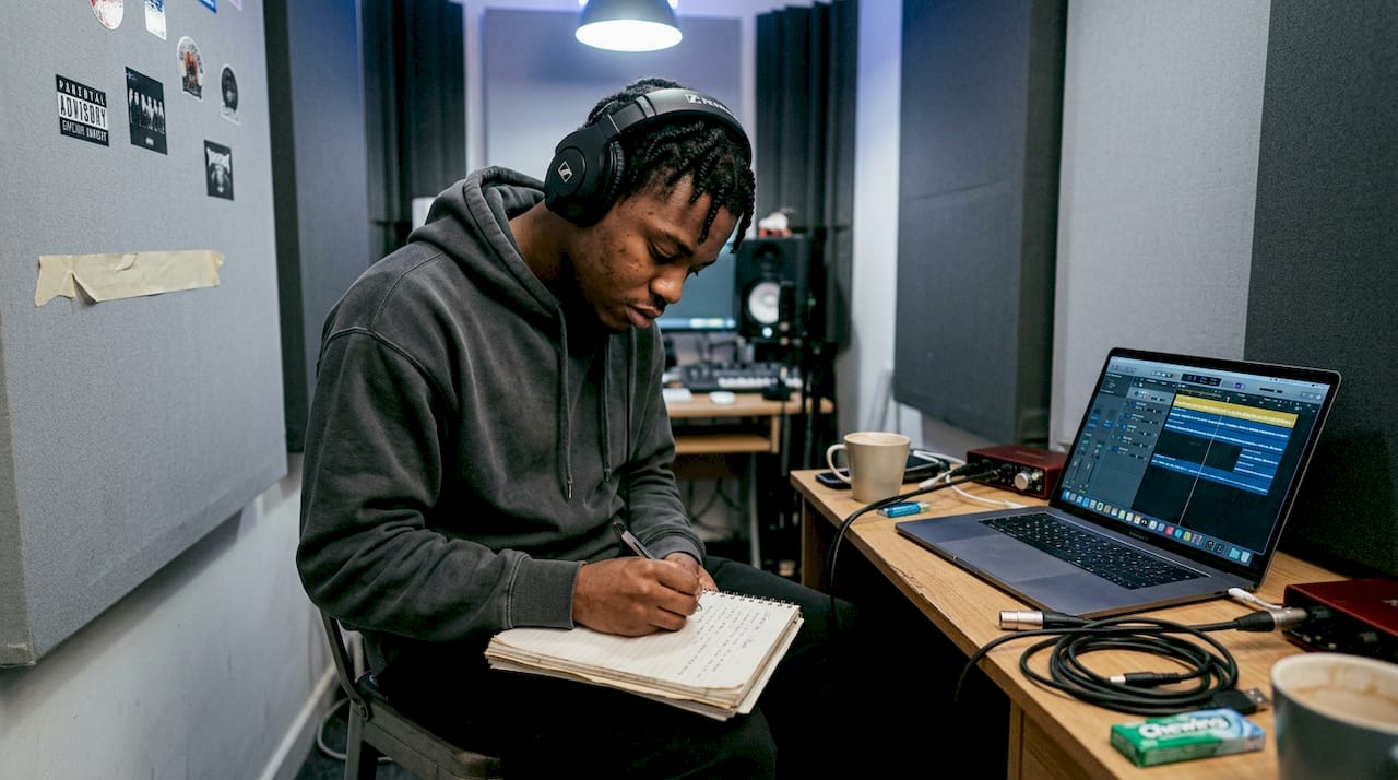 Hip-hop artist writing lyrics in studio