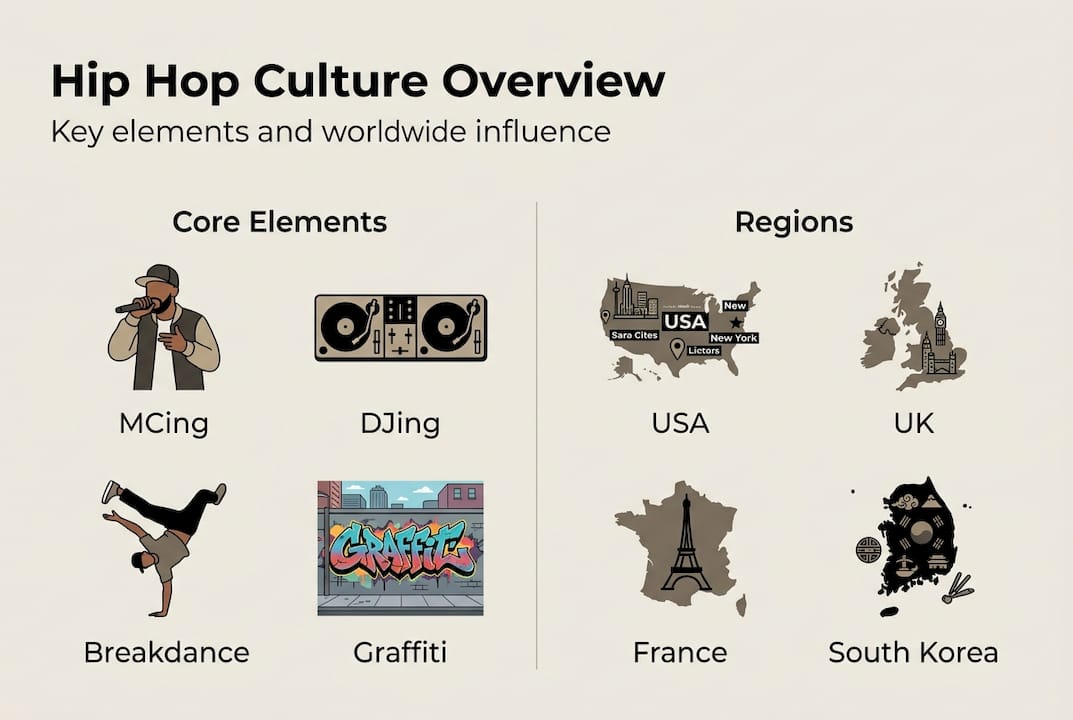 Infographic of hip hop elements and regions