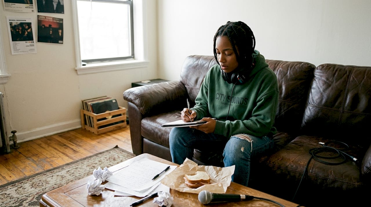 Rapper writing lyrics in casual home setting