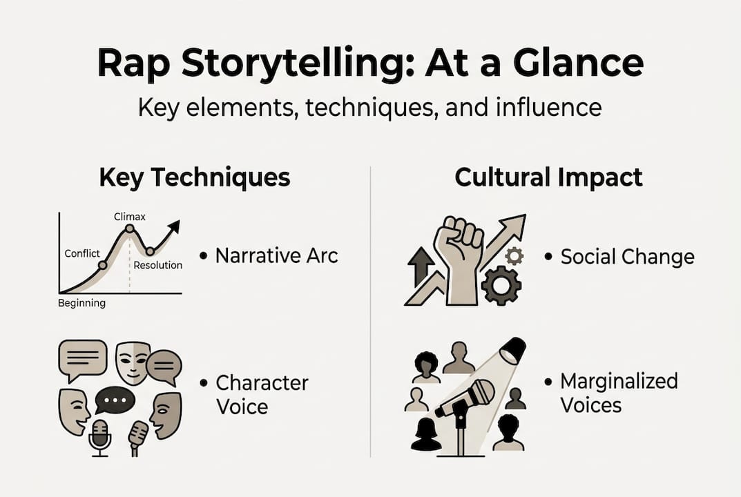 Infographic showing rap storytelling techniques and impact