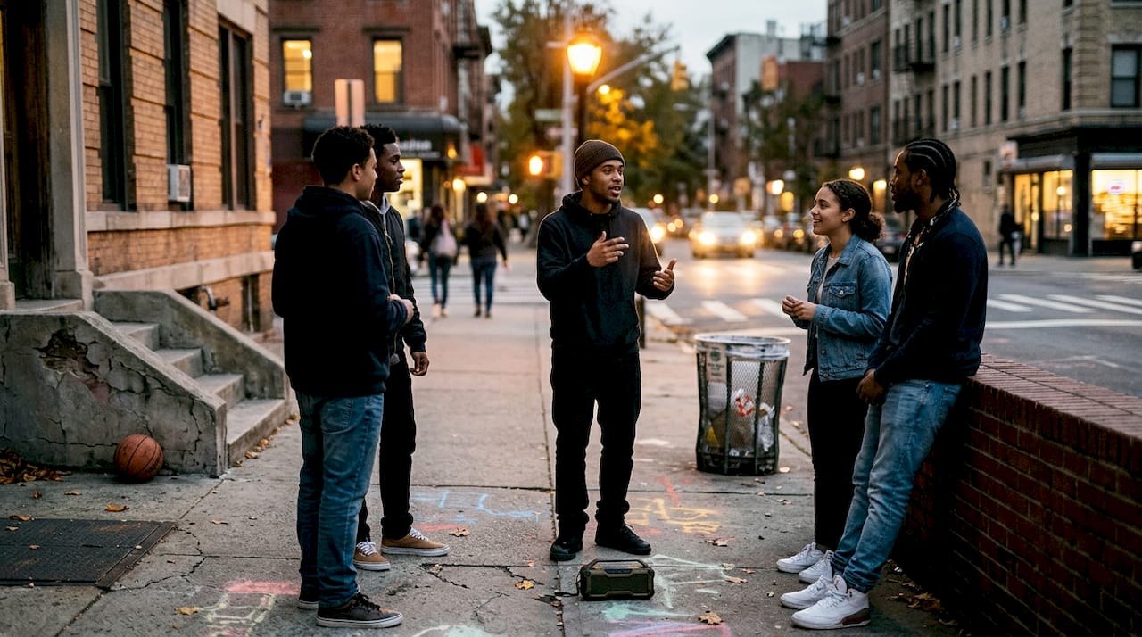 Friends rapping together on city street corner