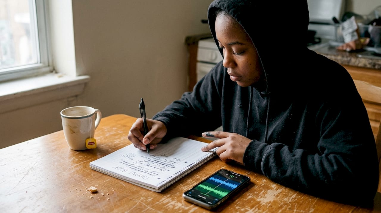 Writing rap rhymes at kitchen table