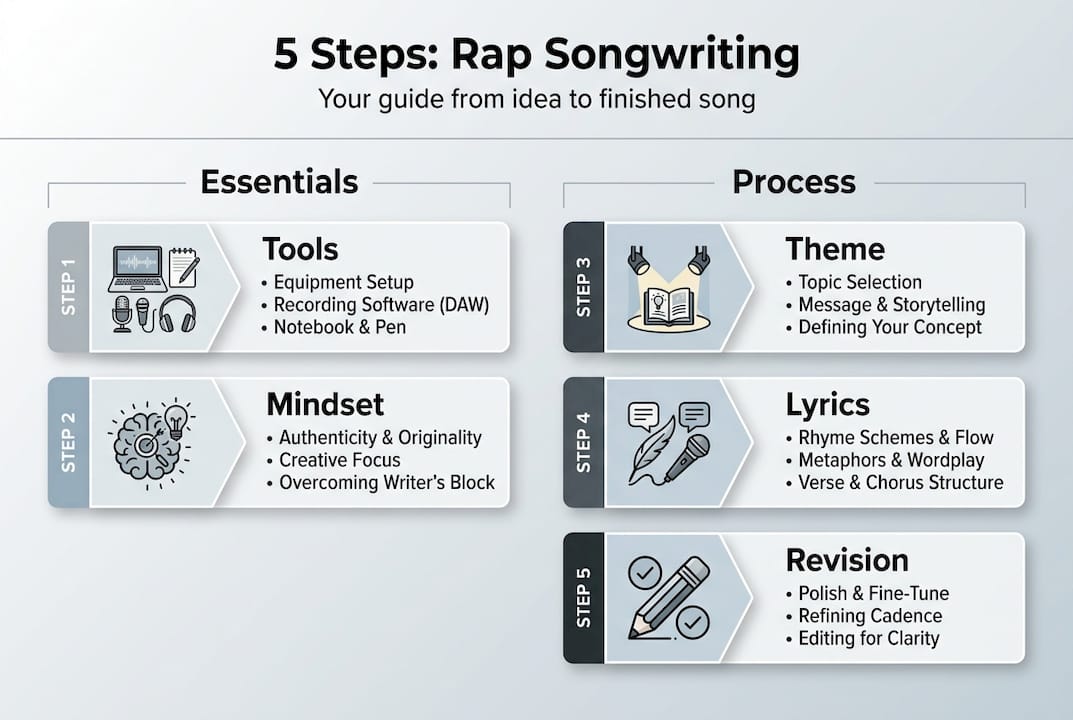 Infographic showing five steps of rap songwriting