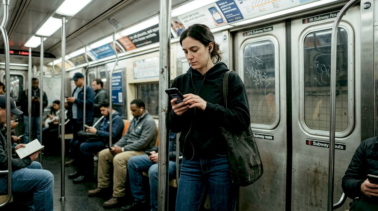 Woman writing rap lyrics on subway train