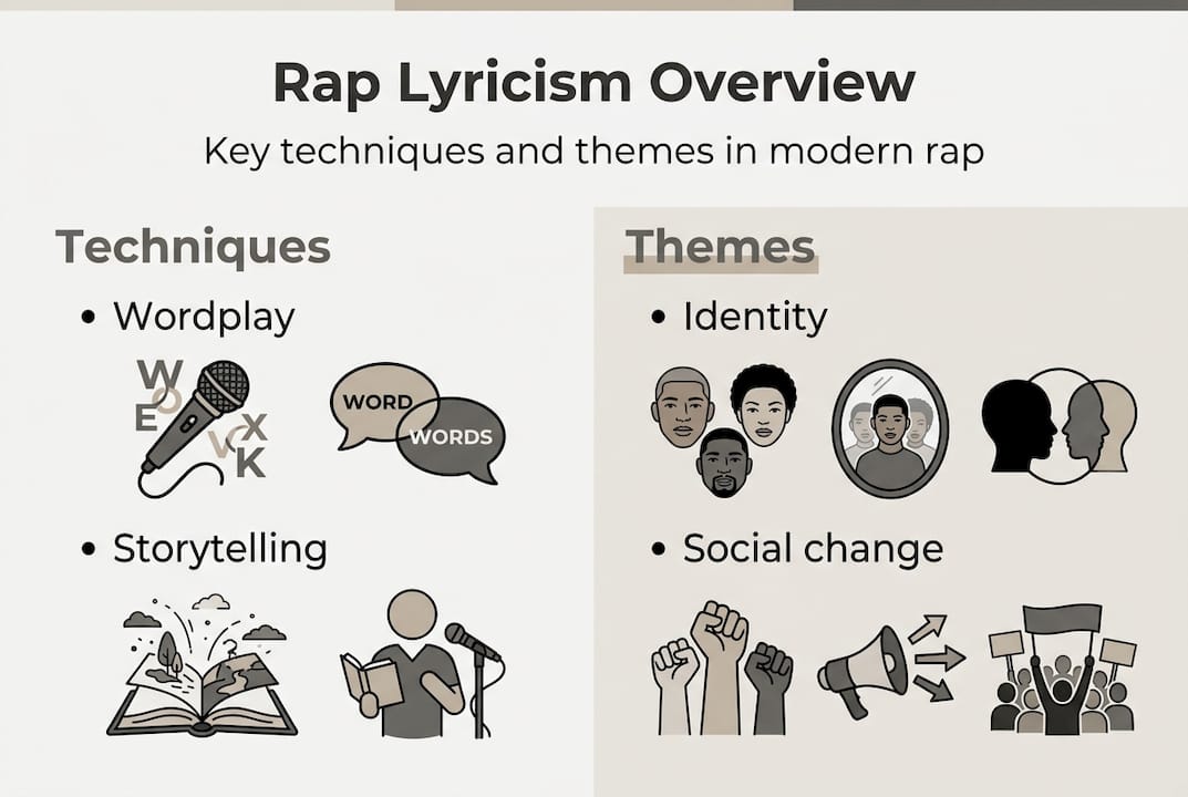 Infographic showing core techniques and themes in rap lyricism