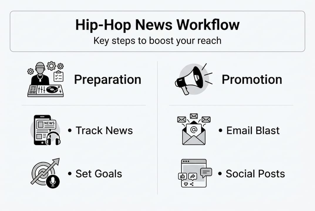 Infographic outlining hip-hop news workflow steps