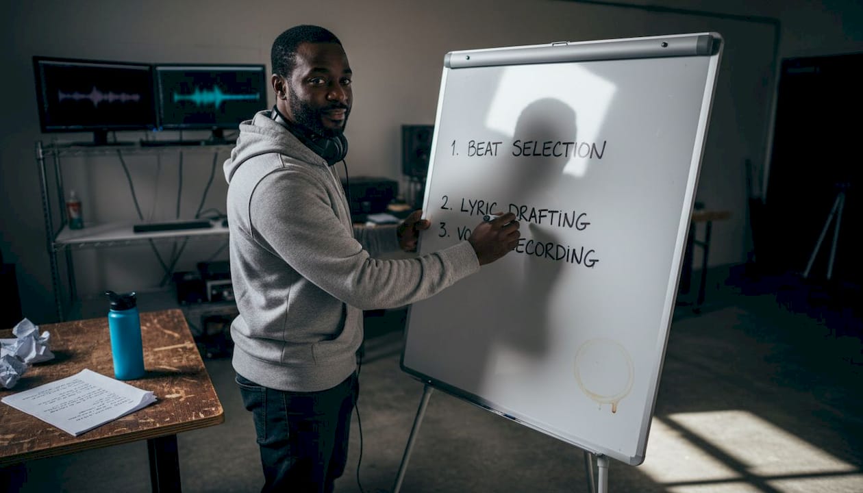 Artist mapping hip-hop workflow on whiteboard