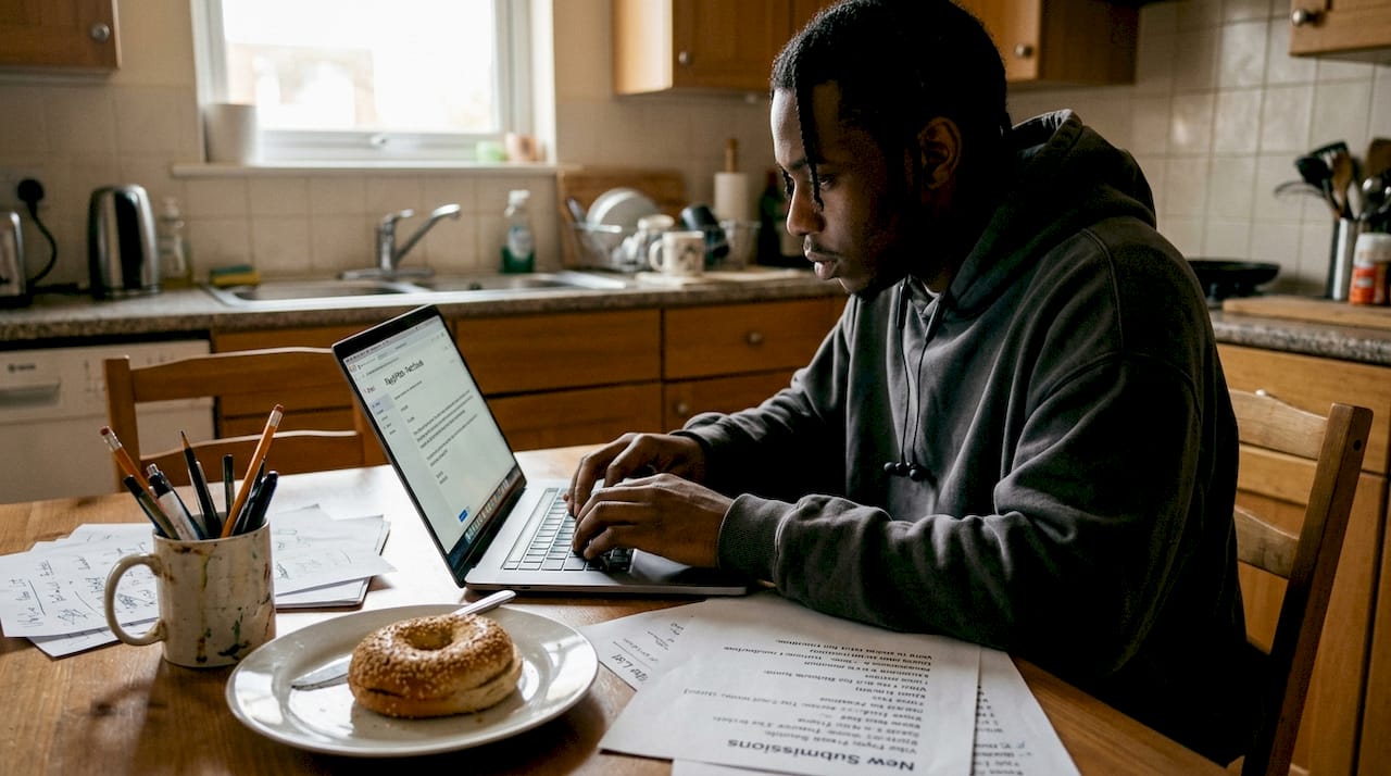 Artist writing playlist pitch at kitchen table