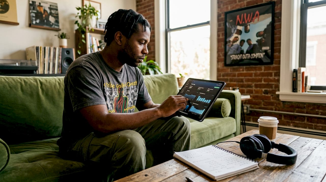 Rap artist checking streaming metrics on tablet