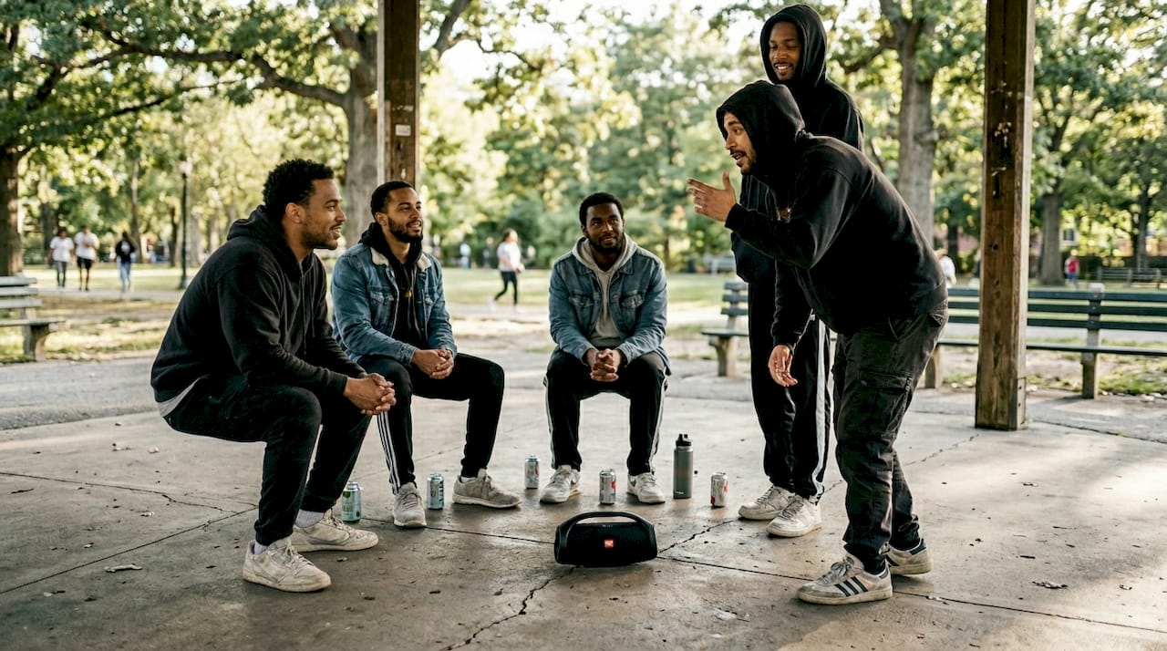 Rappers exchanging verses in park cypher