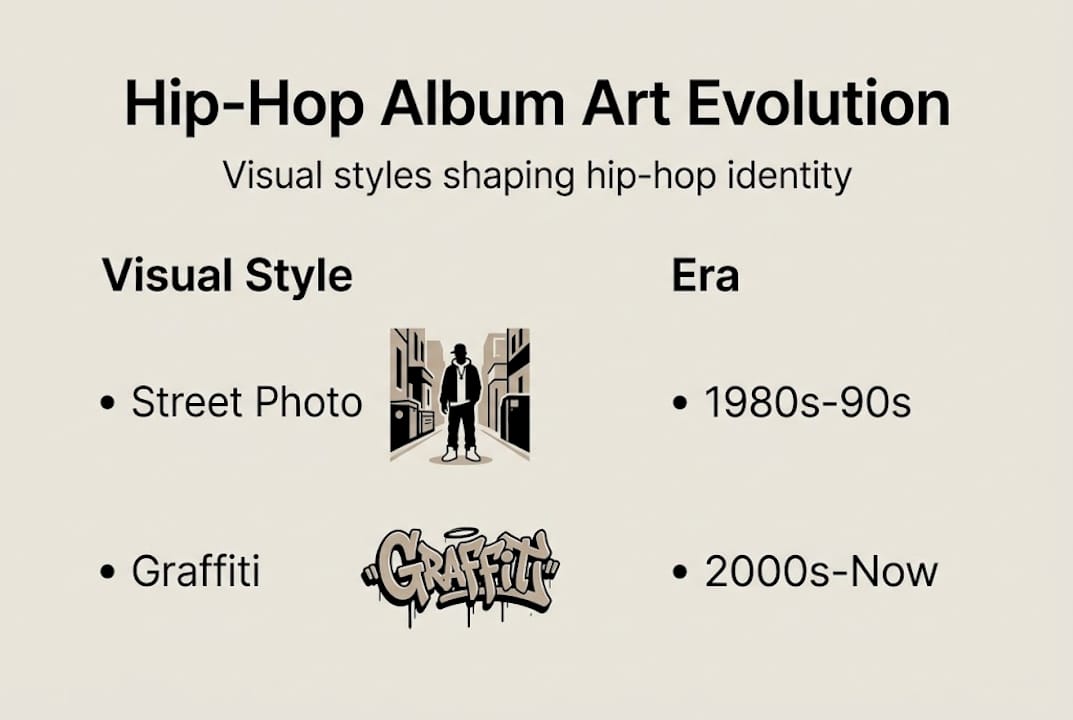 Infographic illustrating hip-hop album art styles by era